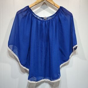 R‎ Rouge Blue Sheer Boho Peasant Top Crochet Trim Batwing Sleeve S